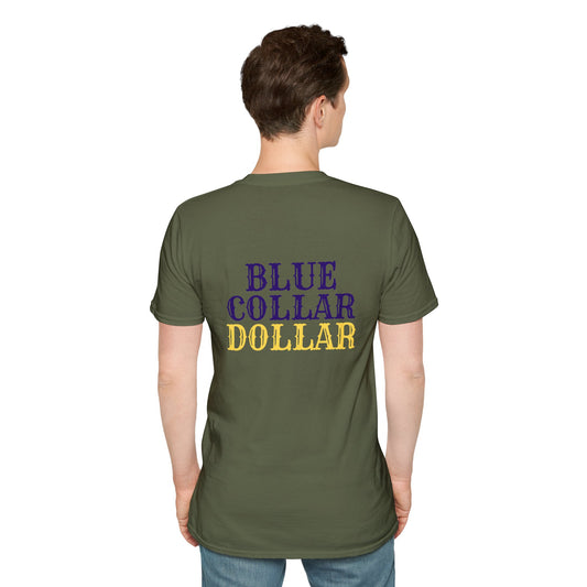 Blue Collar Dollar T‑Shirt — 'BC' Chest Logo & Bold Back Graphic