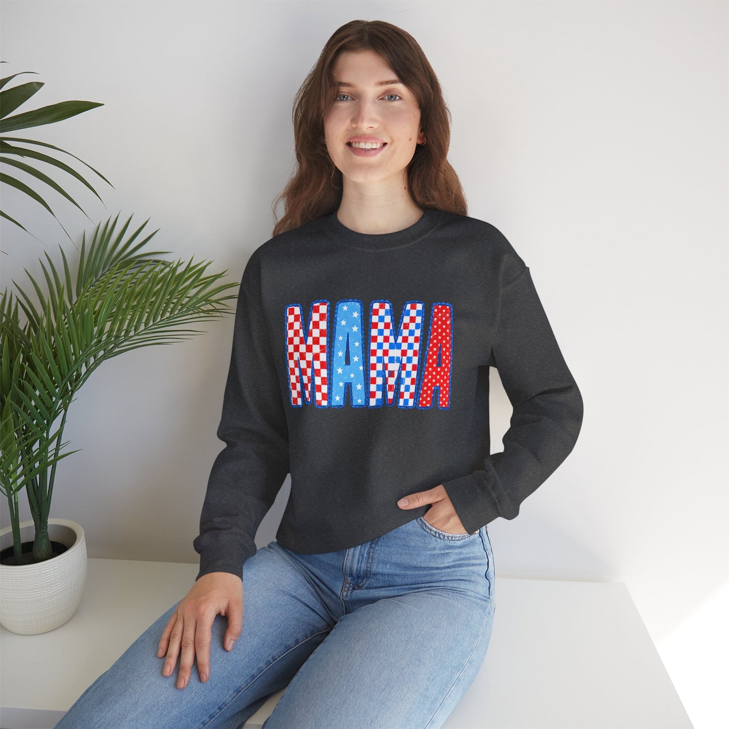 Mama Crewneck Sweatshirt — Red, White & Blue Patchwork Graphic