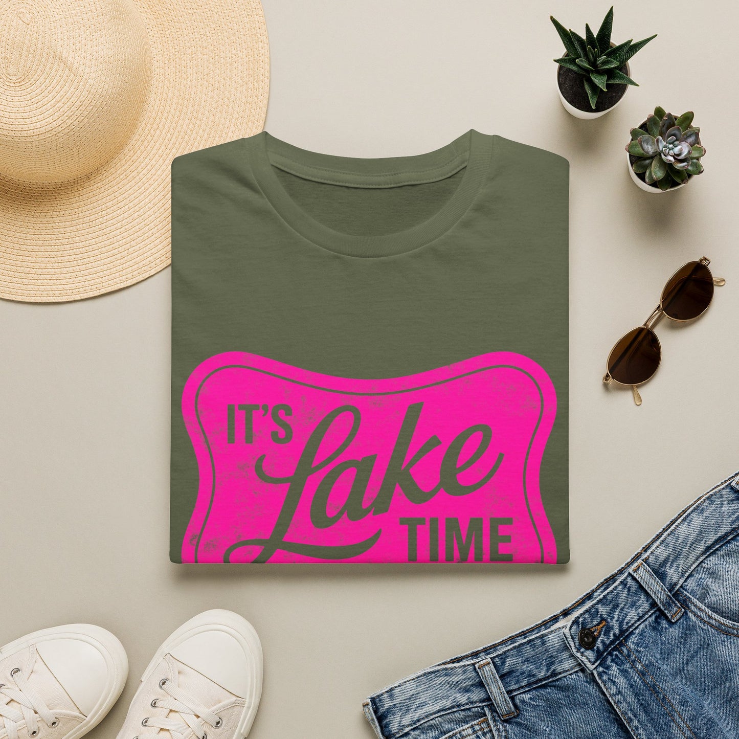Lake Time T‑Shirt — "It's Lake Time" Retro Pink Graphic Tee