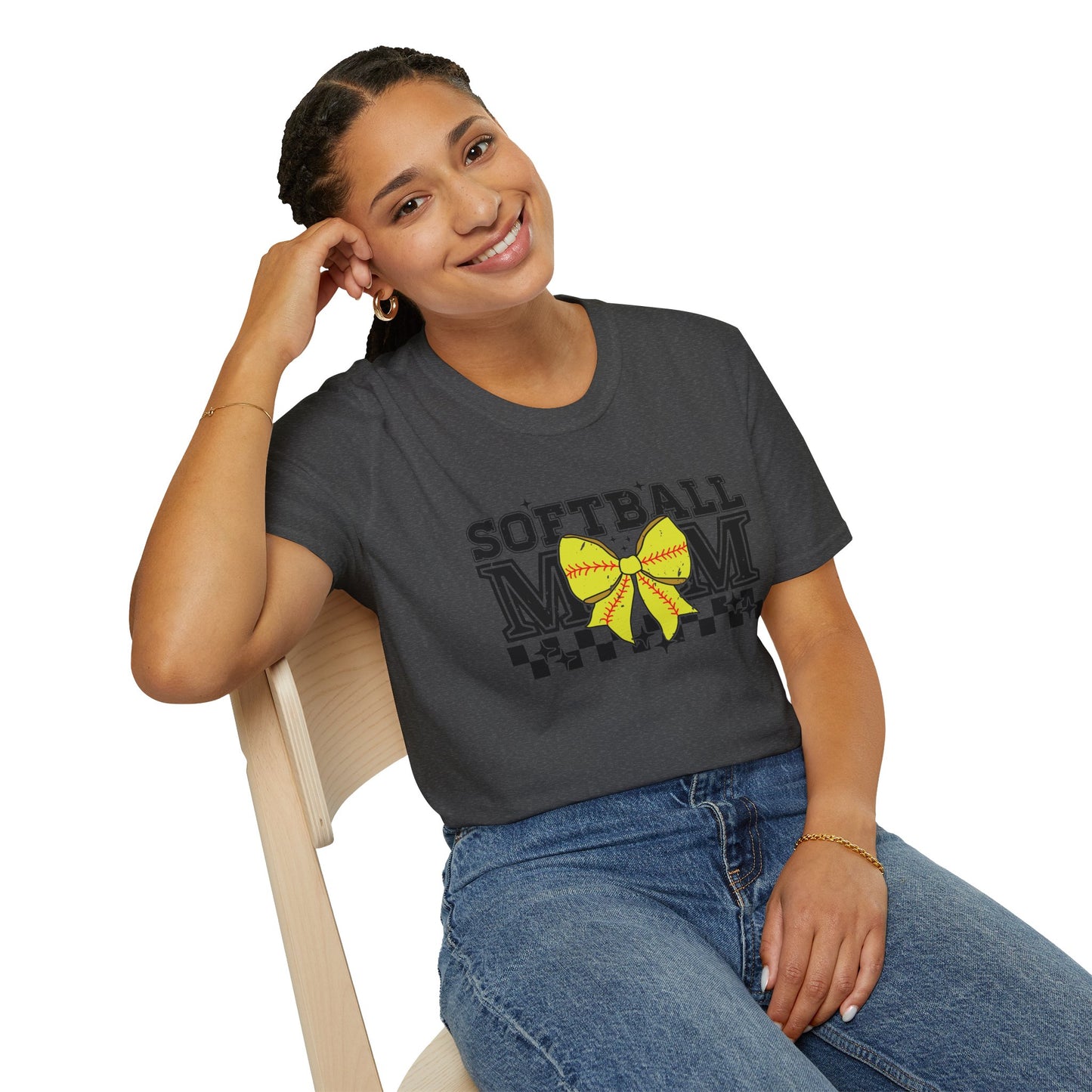 Softball Mom T-Shirt – Yellow Bow Checkerboard Design