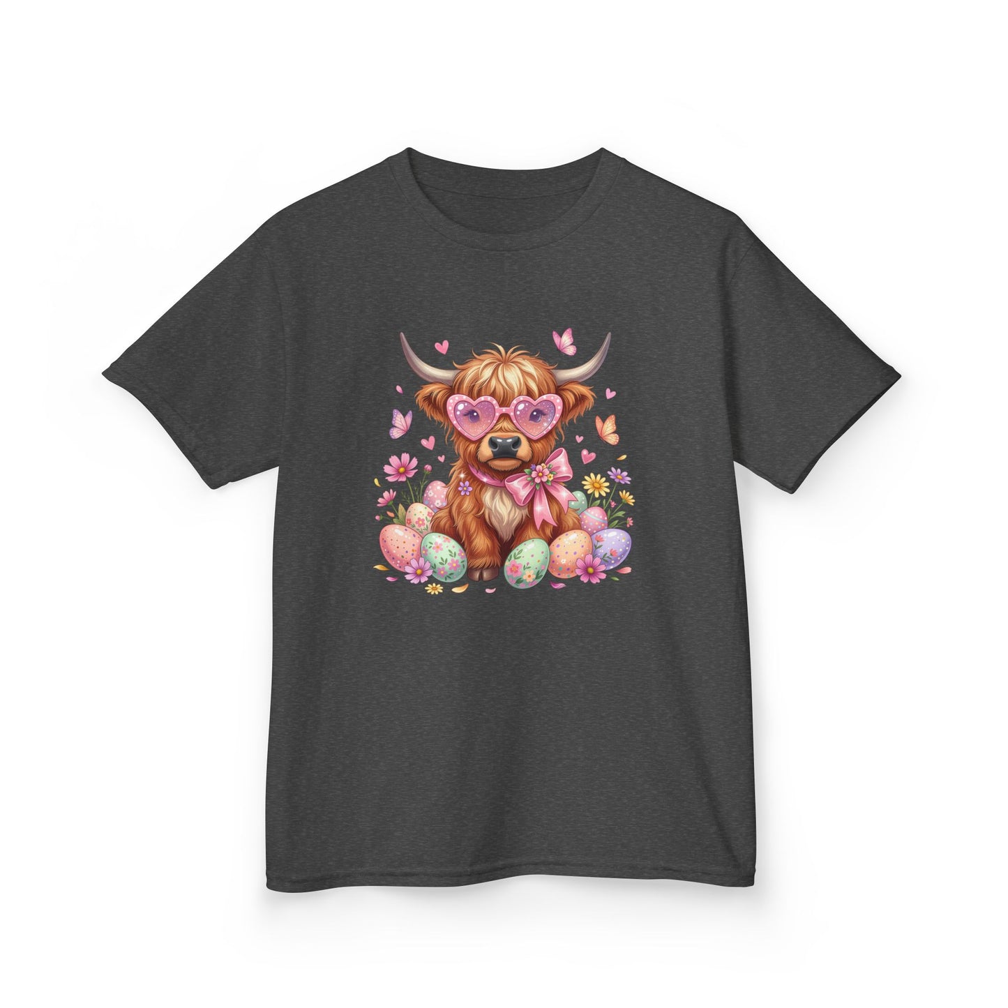 Kids Tee — Cute Highland Cow with Heart Glasses & Easter Eggs