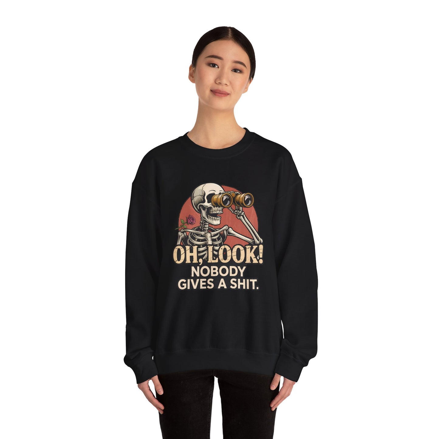 Crewneck Sweatshirt – 'Oh, Look! Nobody Gives a Shit.' Vintage Skeleton Graphic