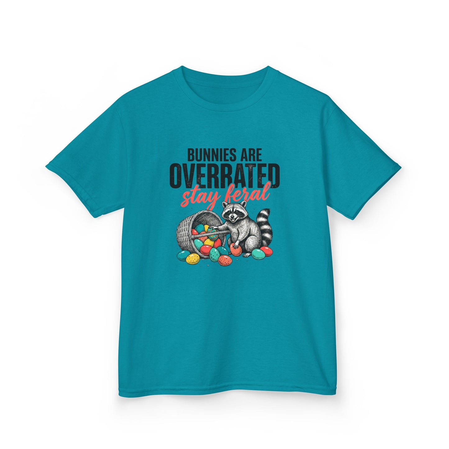 Kids Tee — “Bunnies Are Overrated, Stay Feral” Raccoon Easter Shirt