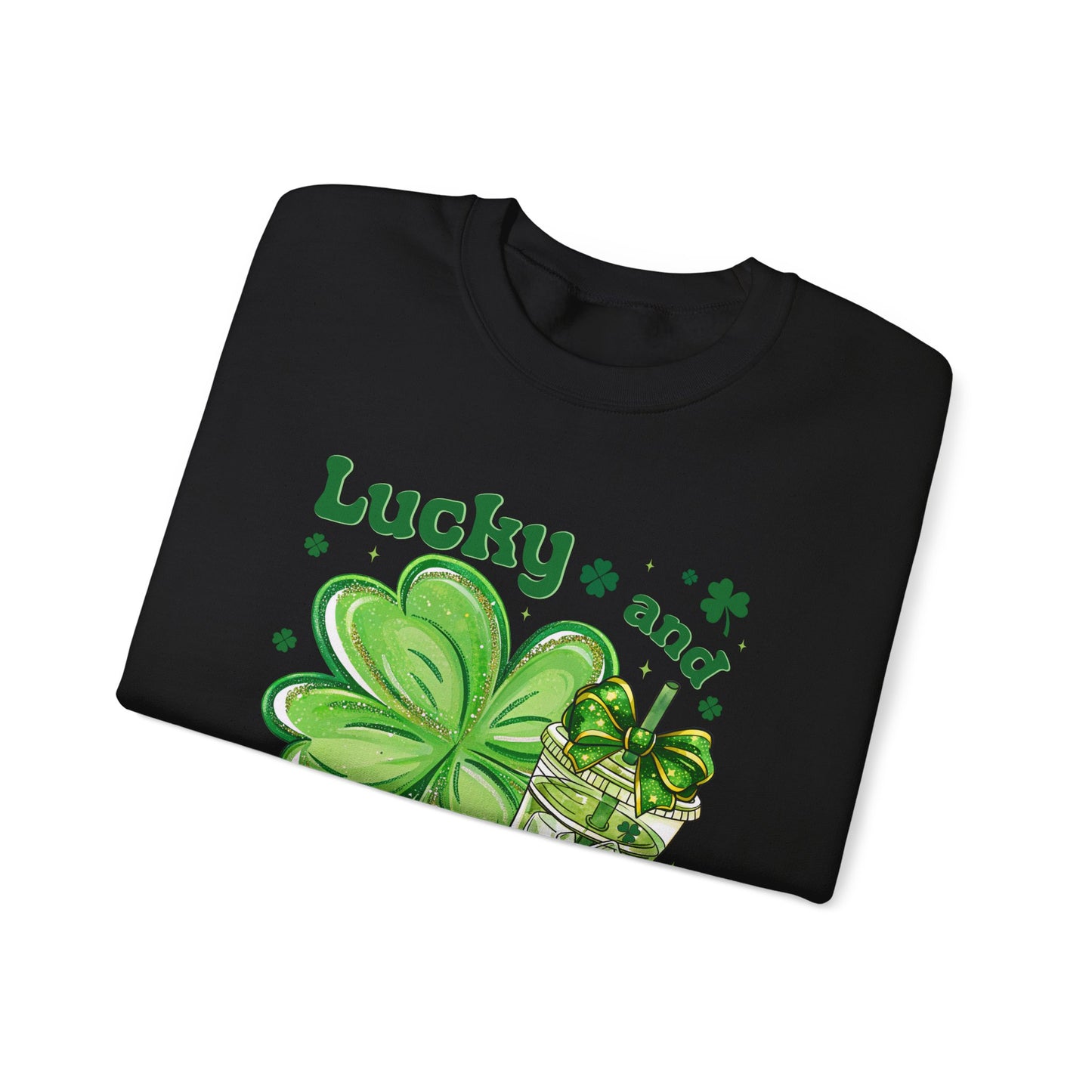 St. Patrick’s Sweatshirt - "Lucky and Caffeinated" Shamrock Coffee Crewneck