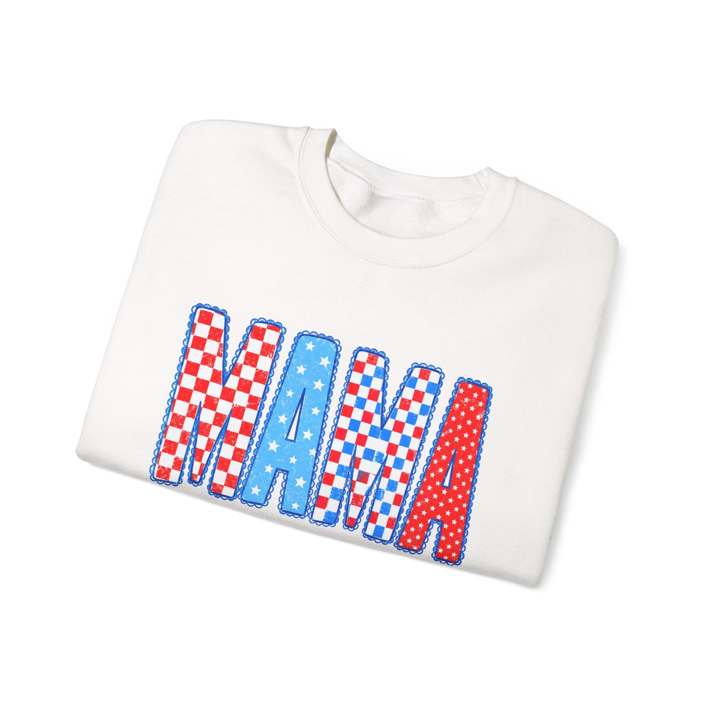 Mama Crewneck Sweatshirt — Red, White & Blue Patchwork Graphic