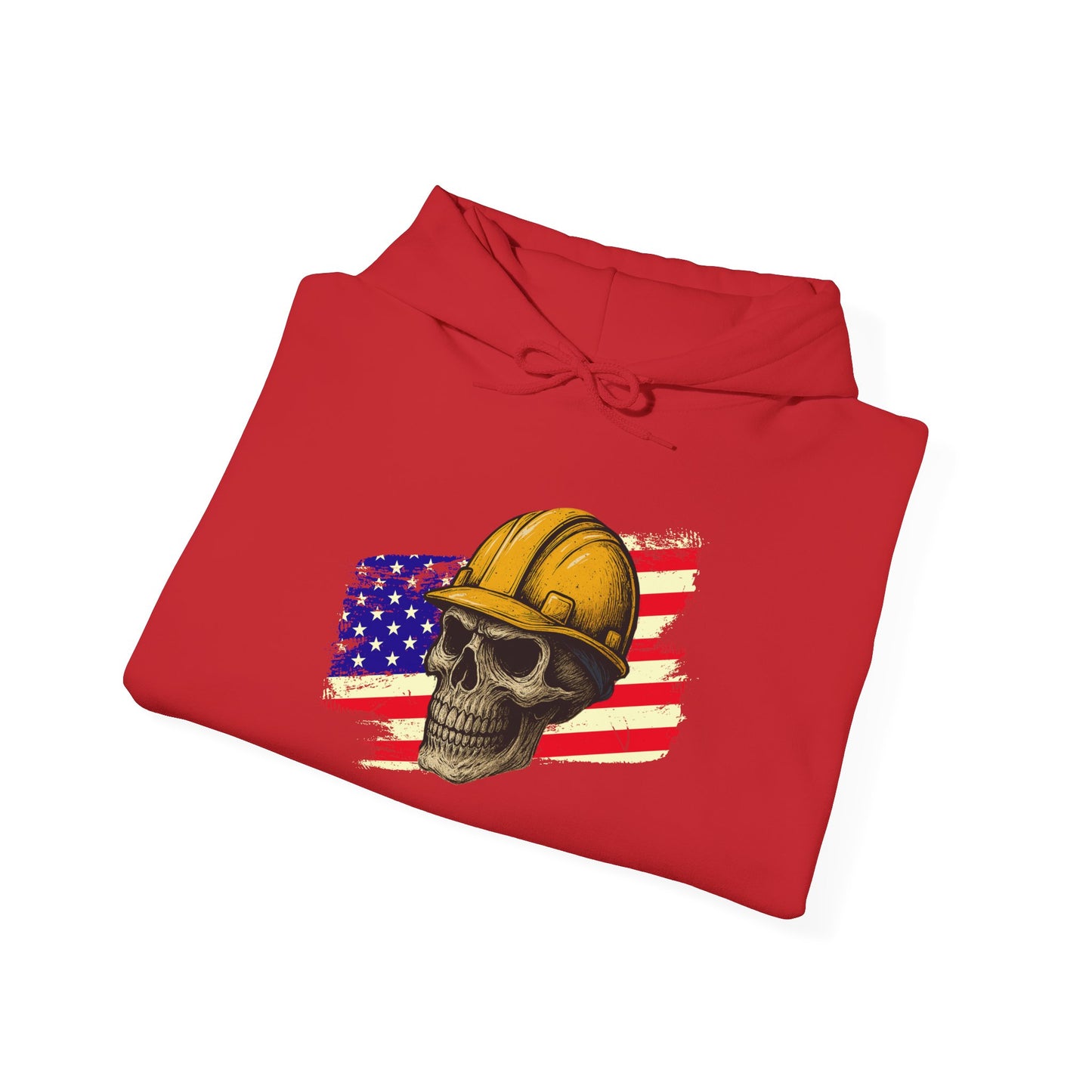 American Construction Skull Hoodie — Worker Hard Hat Flag Design