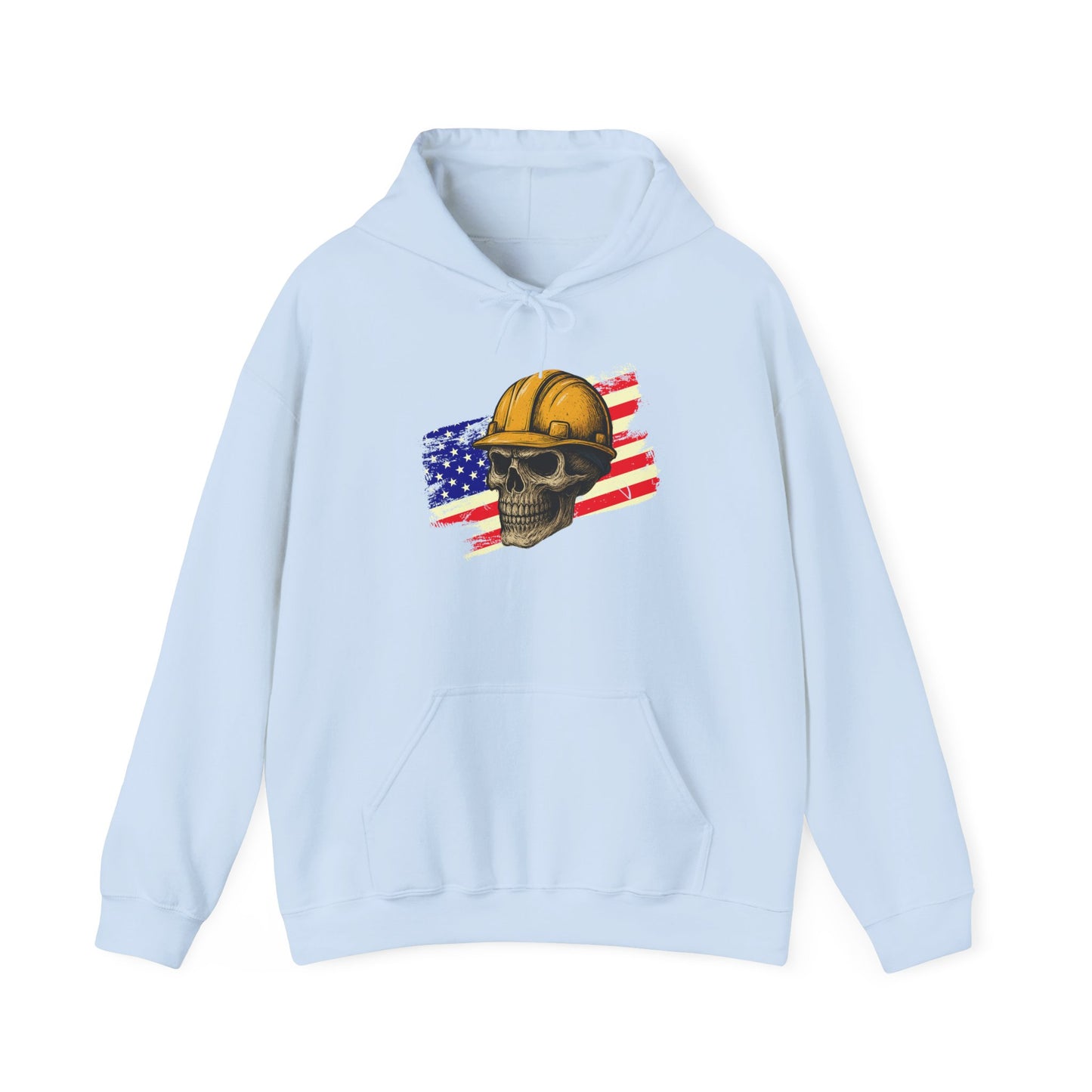 American Construction Skull Hoodie — Worker Hard Hat Flag Design