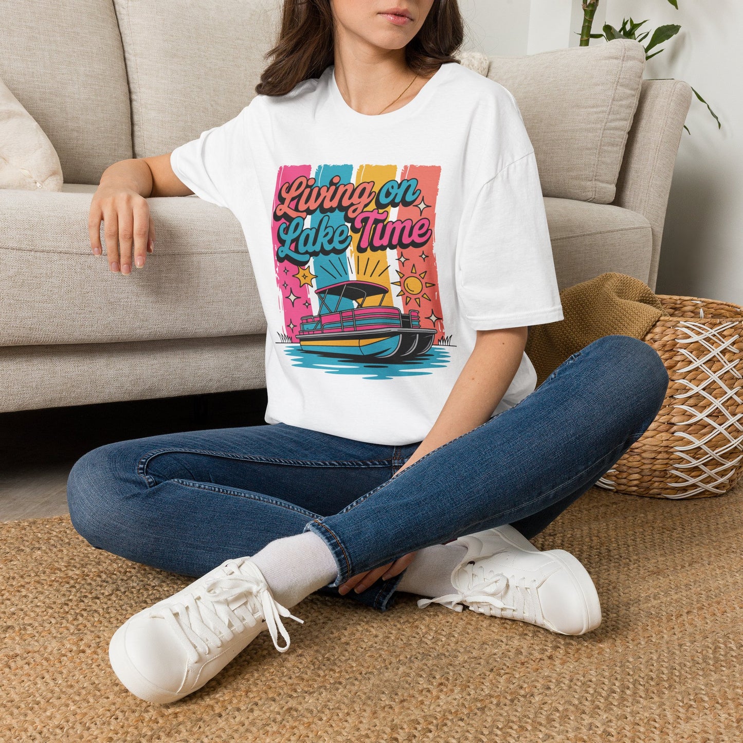 Lake Time T-Shirt — "Living on Lake Time" Retro Boat Graphic