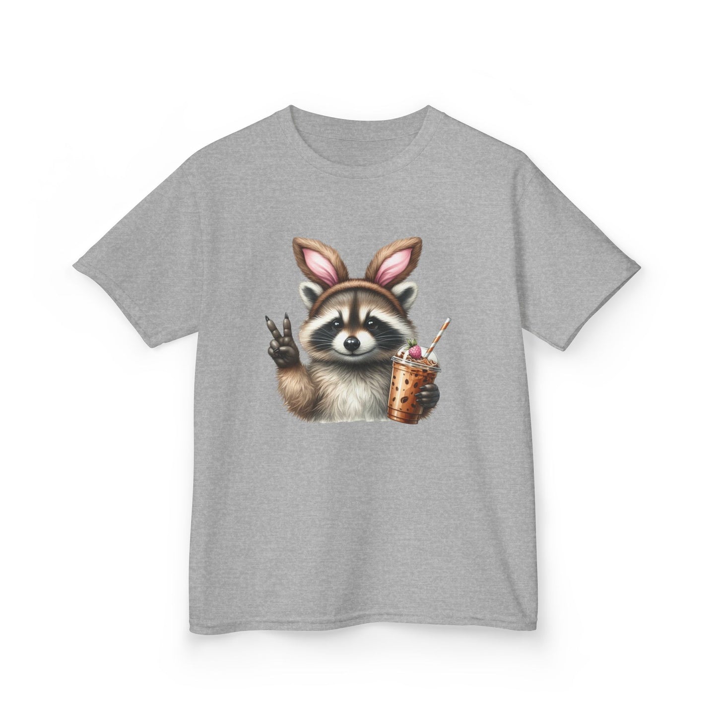 Kids Raccoon Bunny Ears Tee — Cute Peace Sign with Bubble Tea Graphic