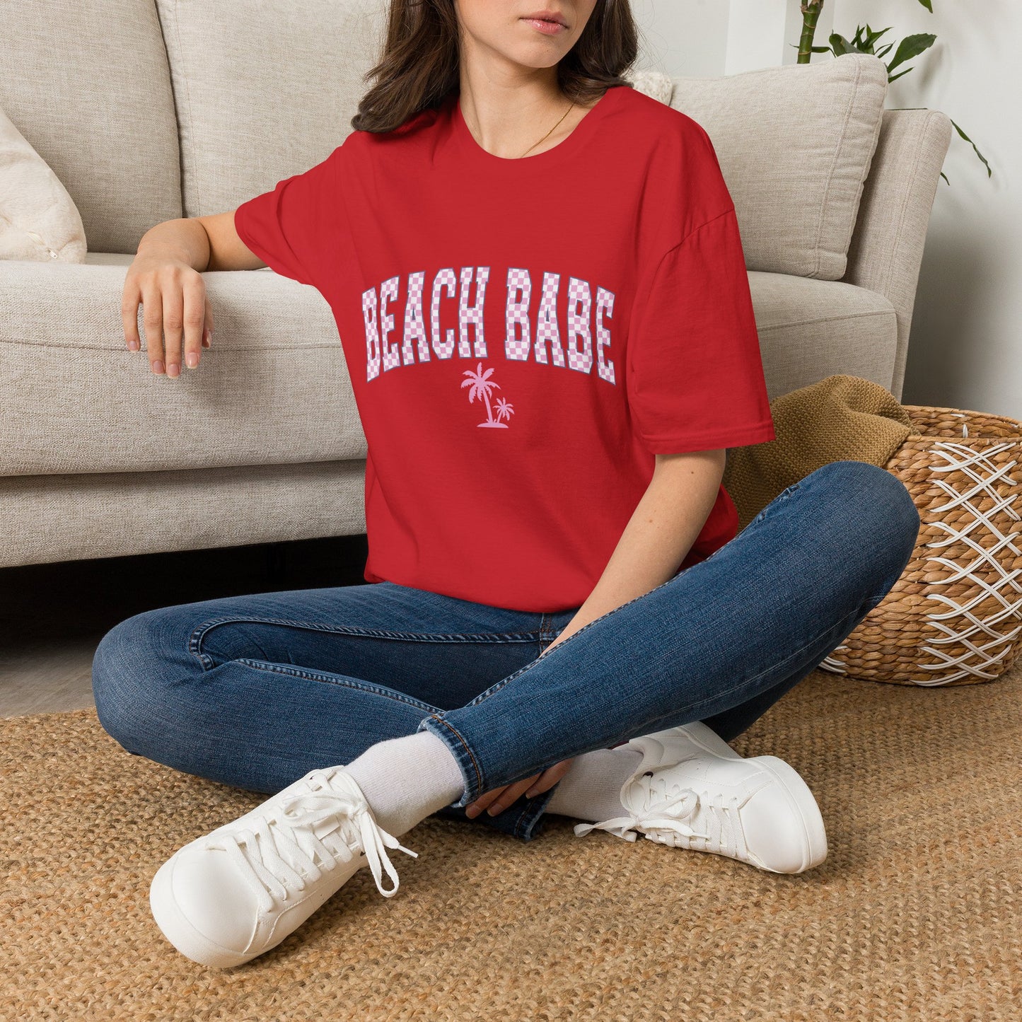 Beach Babe T-Shirt — Pink Check Retro Palm Tee for Summer & Vacation
