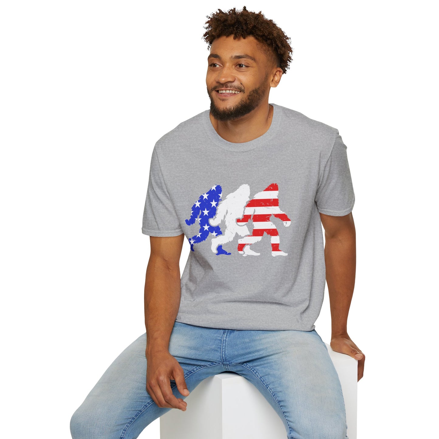 Patriotic Sasquatch Trio T-Shirt — American Flag Bigfoot Graphic Tee