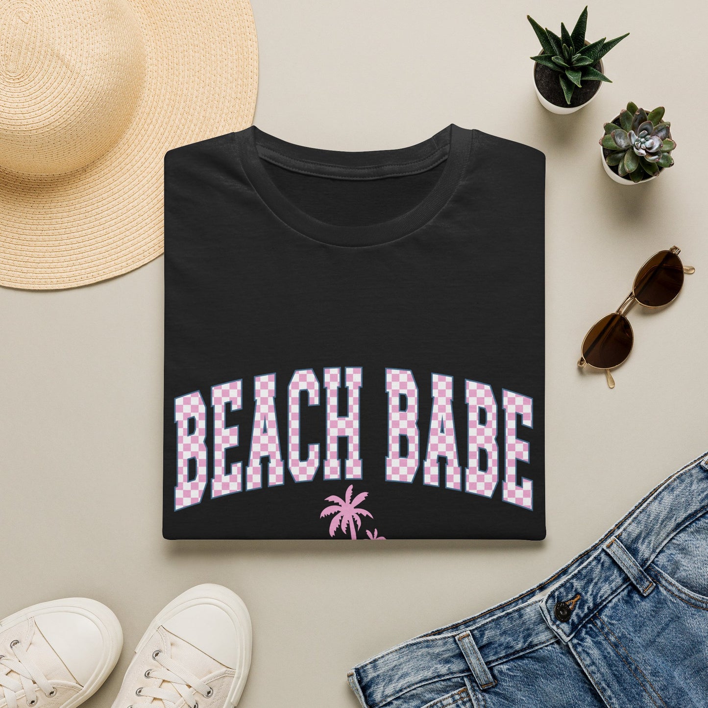 Beach Babe T-Shirt — Pink Check Retro Palm Tee for Summer & Vacation