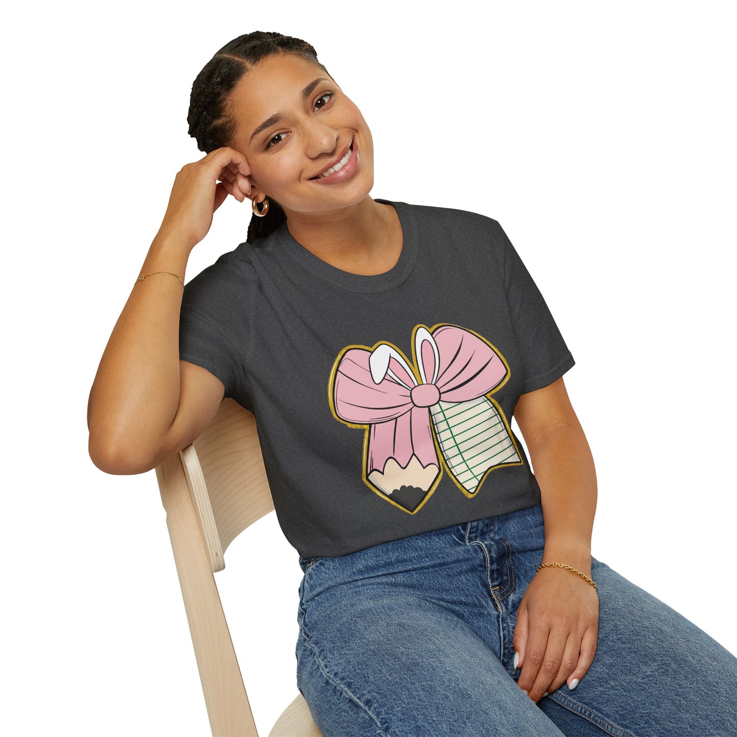 Girls' Back-to-School Bow Pencil T-Shirt — Cute Pink Ribbon & Notebook Graphic