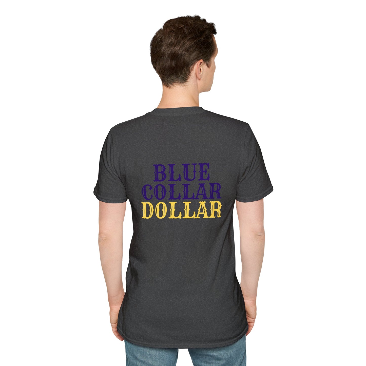 Blue Collar Dollar T‑Shirt — 'BC' Chest Logo & Bold Back Graphic