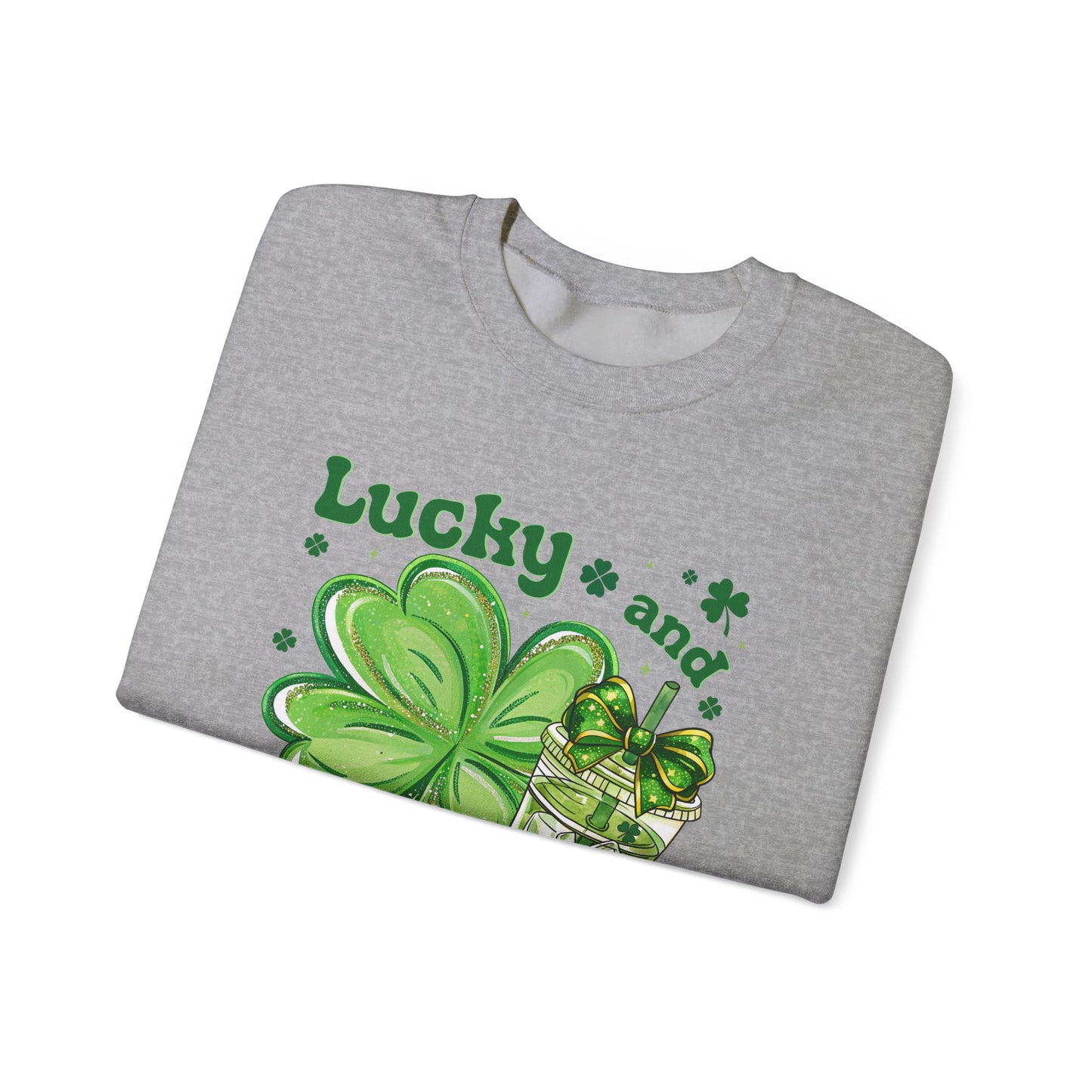 St. Patrick’s Sweatshirt - "Lucky and Caffeinated" Shamrock Coffee Crewneck