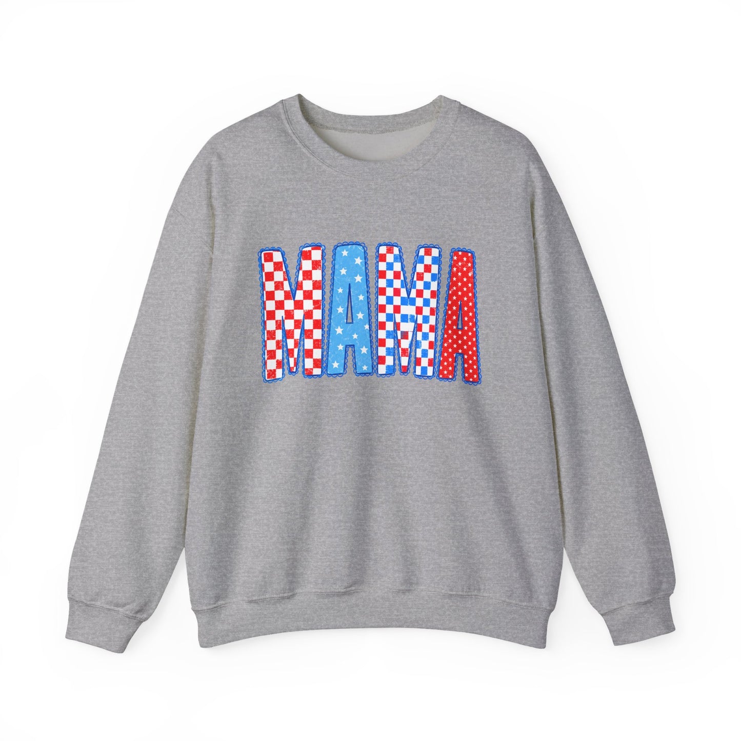Mama Crewneck Sweatshirt — Red, White & Blue Patchwork Graphic