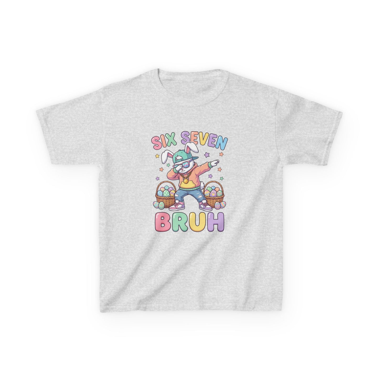 Kids "Six Seven Bruh" Graphic Tee — Cute Rainbow Skateboard Dino Shirt