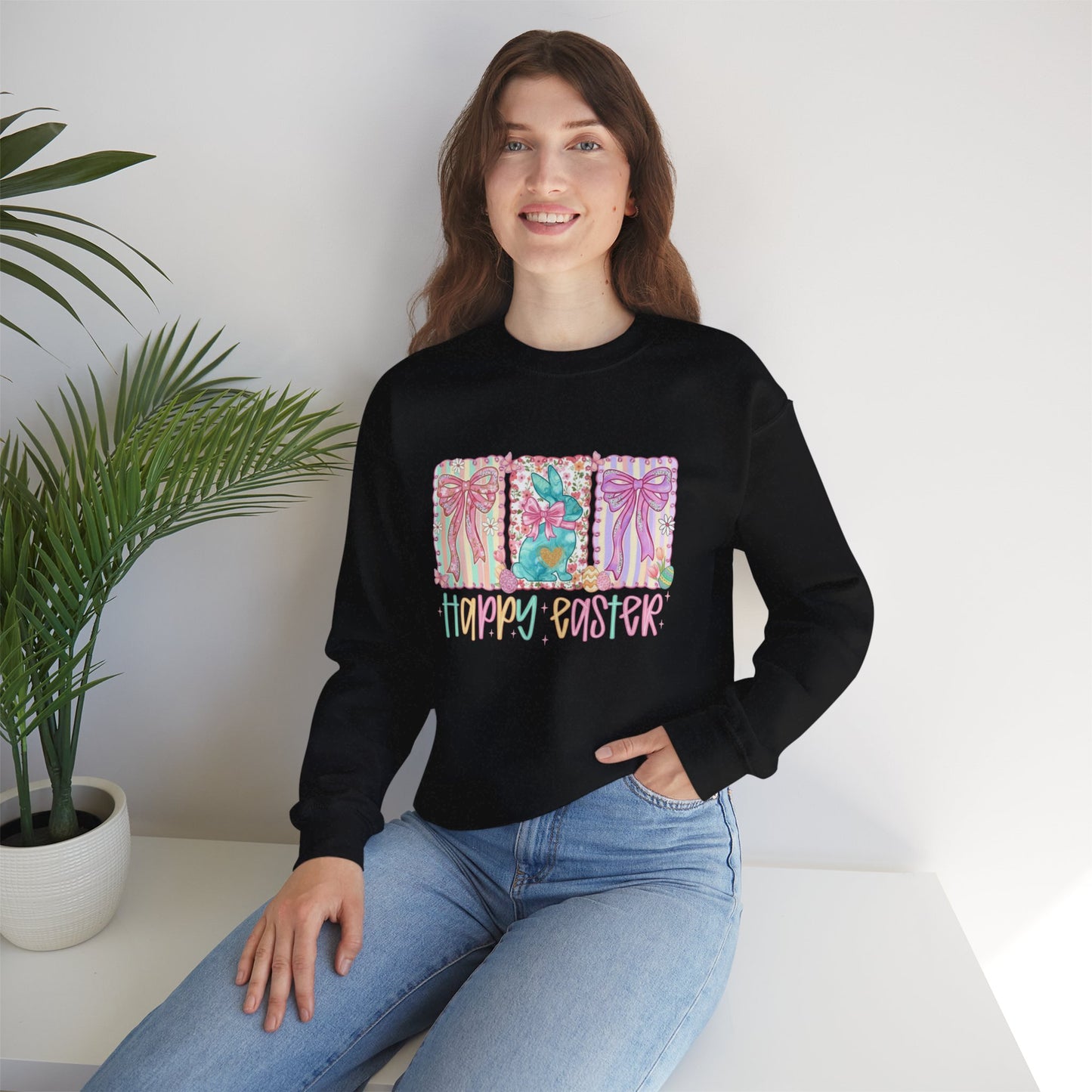 Easter Bunny Garden Sweatshirt — "Happy Easter" Pastel Holiday Crewneck