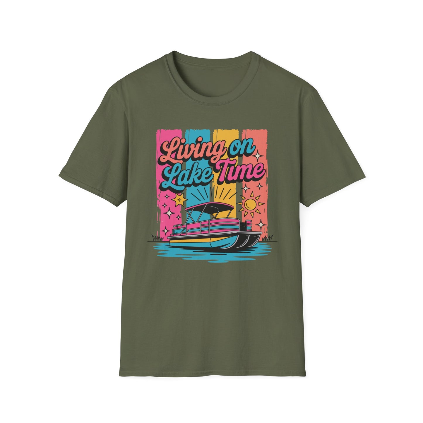 Lake Time T-Shirt — "Living on Lake Time" Retro Boat Graphic