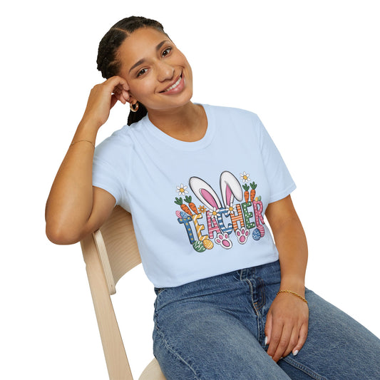 Easter Teacher T-Shirt — Cute Bunny Ears, Carrots & Painted Eggs Teacher Tee