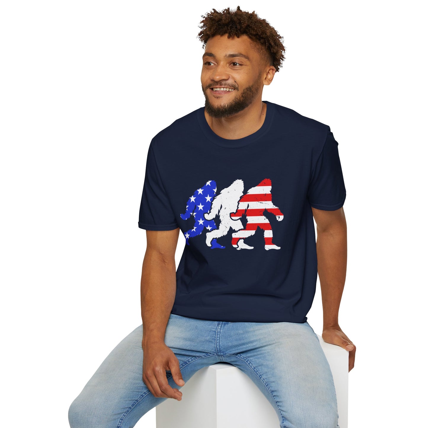 Patriotic Sasquatch Trio T-Shirt — American Flag Bigfoot Graphic Tee