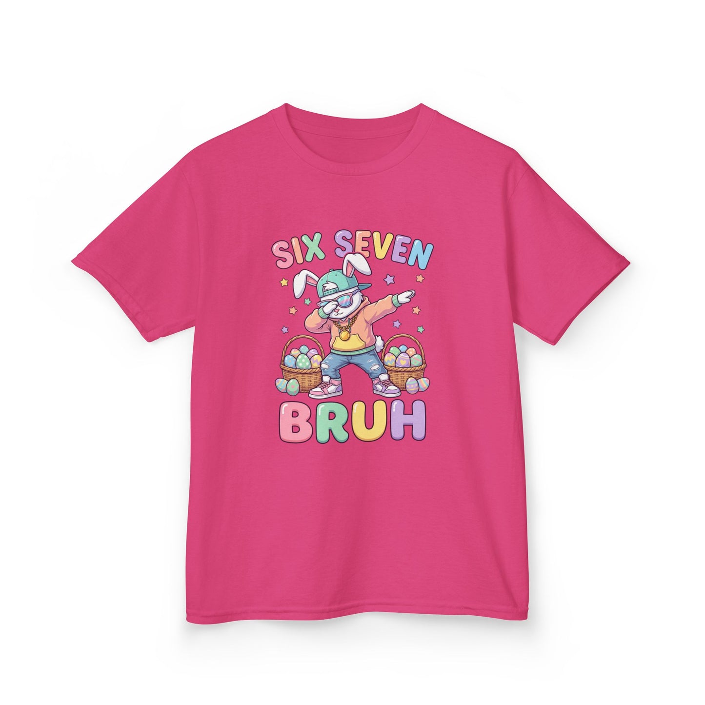 Kids "Six Seven Bruh" Graphic Tee — Cute Rainbow Skateboard Dino Shirt