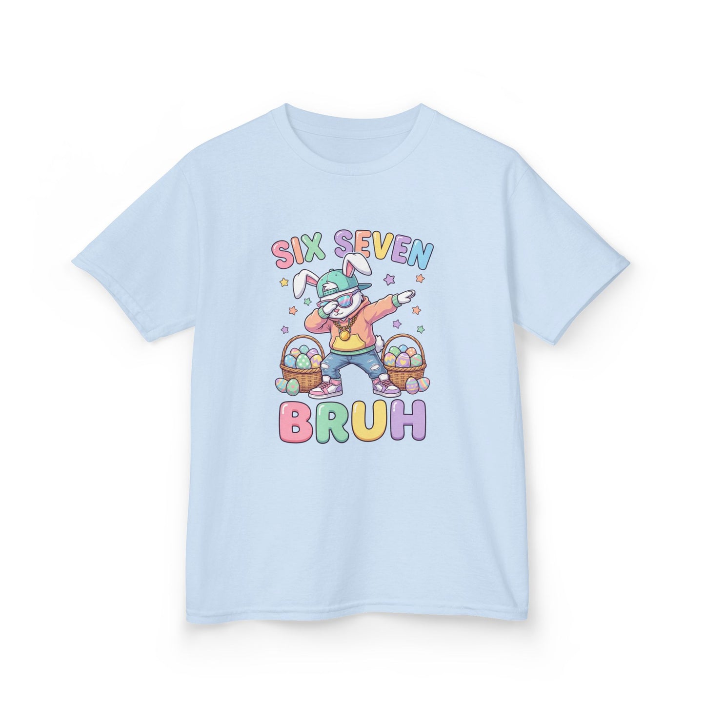 Kids "Six Seven Bruh" Graphic Tee — Cute Rainbow Skateboard Dino Shirt
