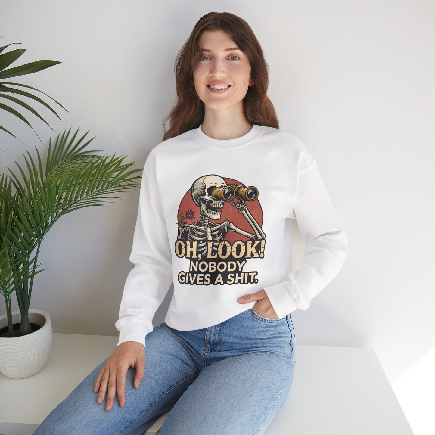 Crewneck Sweatshirt – 'Oh, Look! Nobody Gives a Shit.' Vintage Skeleton Graphic