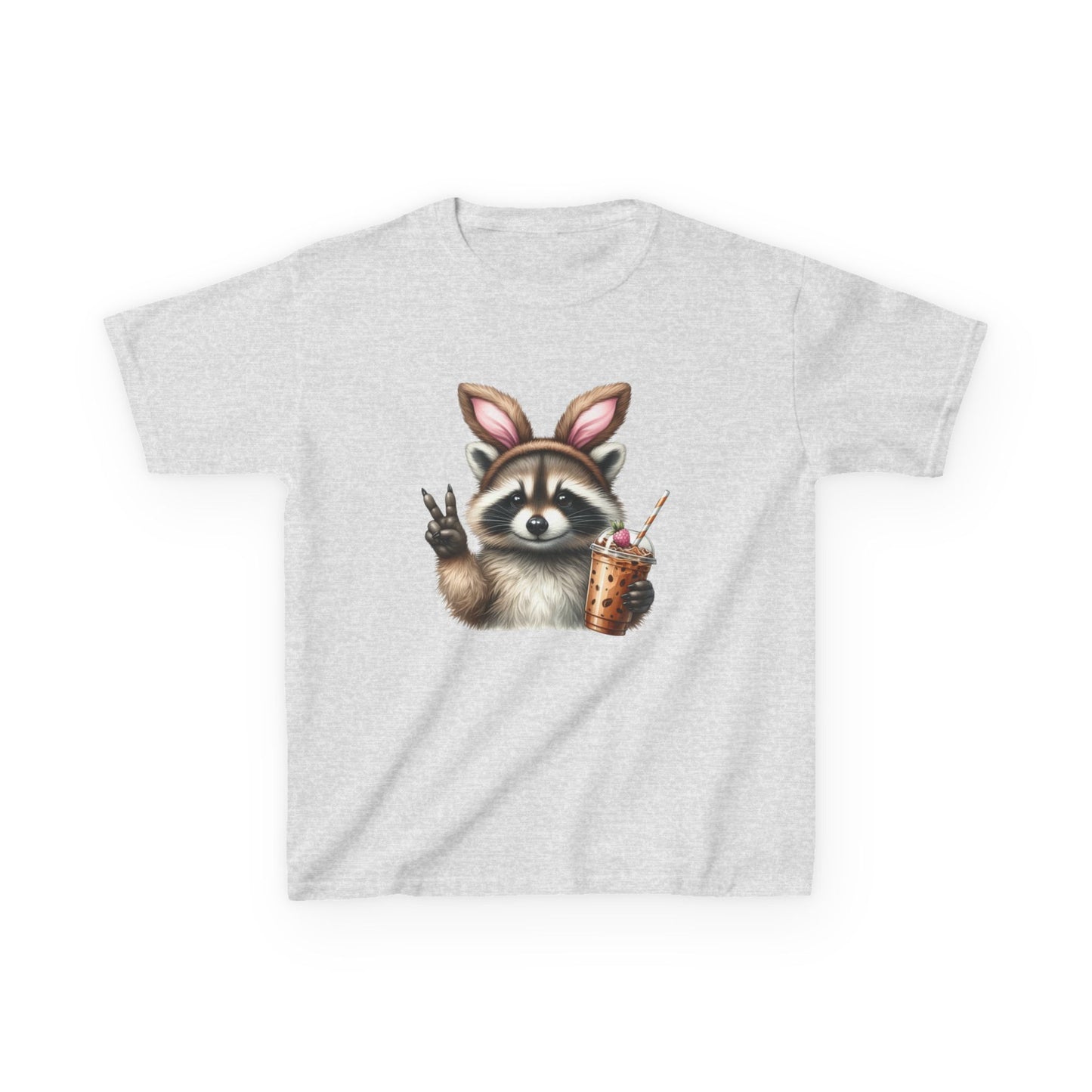 Kids Raccoon Bunny Ears Tee — Cute Peace Sign with Bubble Tea Graphic