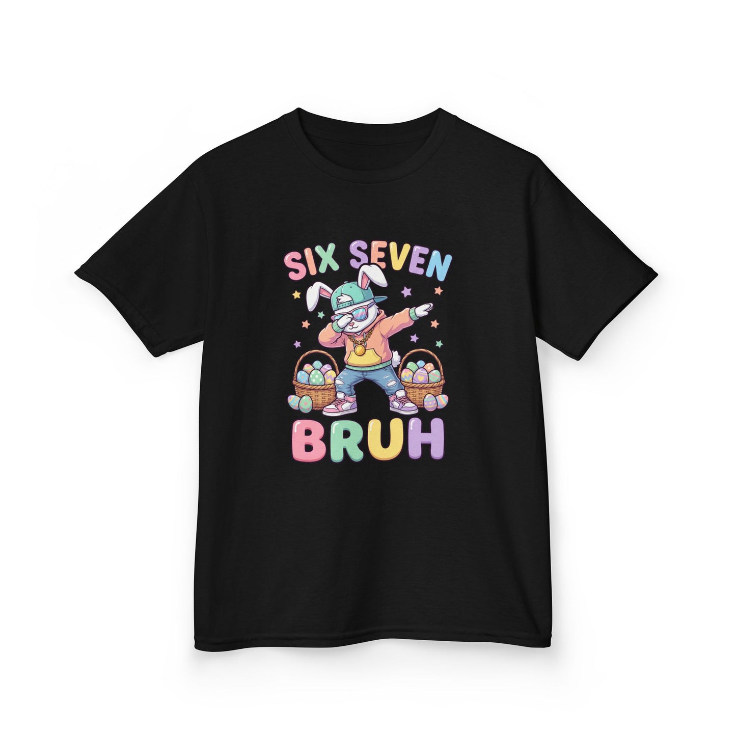 Kids "Six Seven Bruh" Graphic Tee — Cute Rainbow Skateboard Dino Shirt