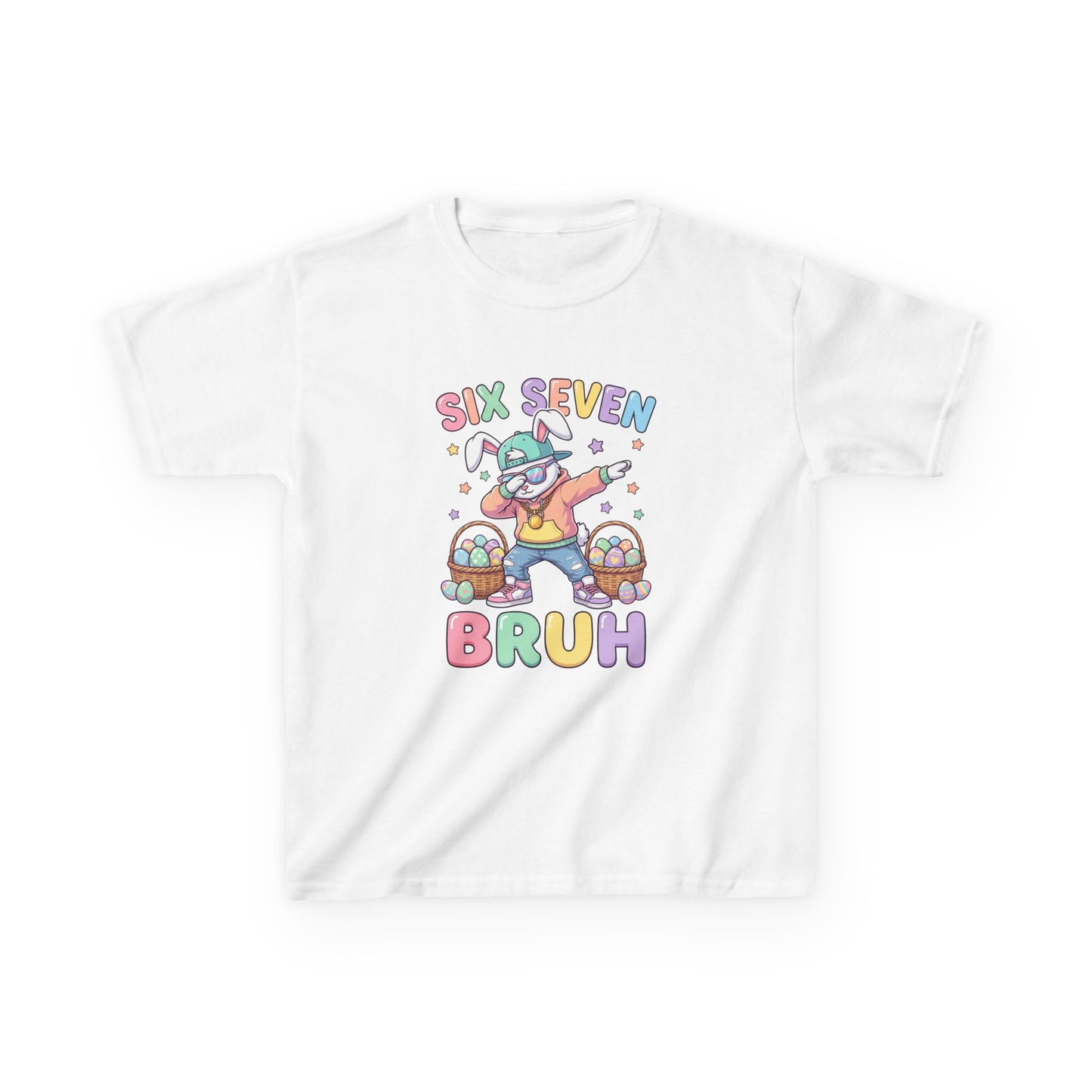 Kids "Six Seven Bruh" Graphic Tee — Cute Rainbow Skateboard Dino Shirt