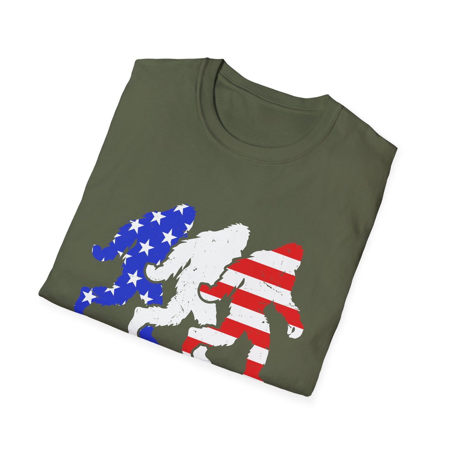 Patriotic Sasquatch Trio T-Shirt — American Flag Bigfoot Graphic Tee