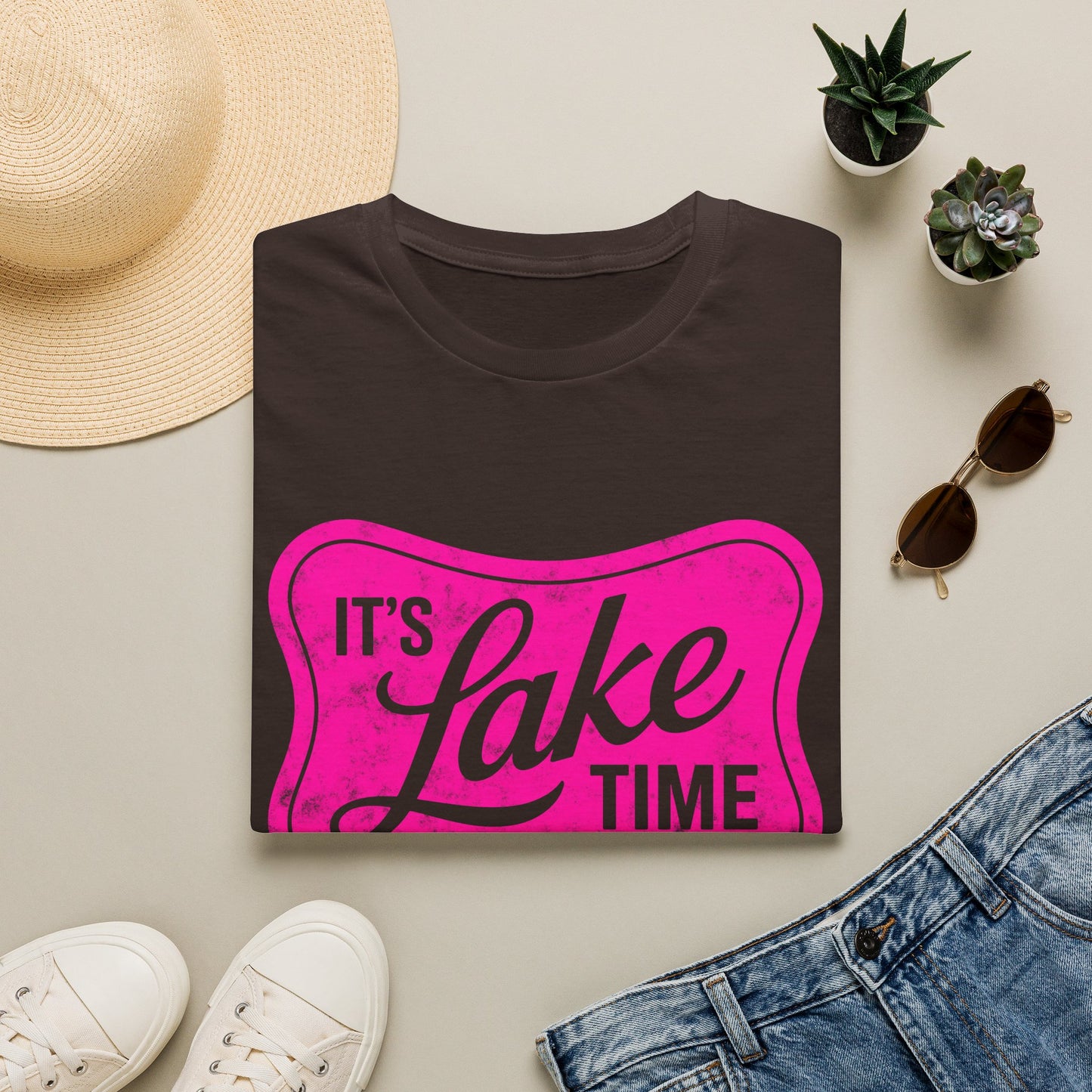 Lake Time T‑Shirt — "It's Lake Time" Retro Pink Graphic Tee