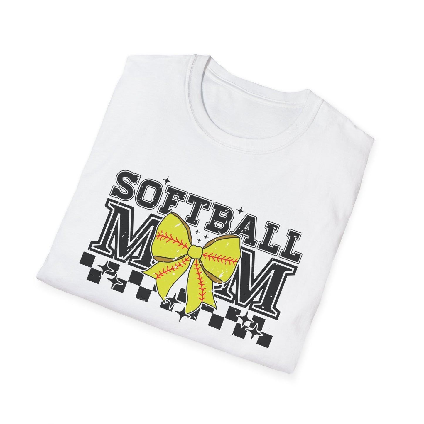 Softball Mom T-Shirt – Yellow Bow Checkerboard Design