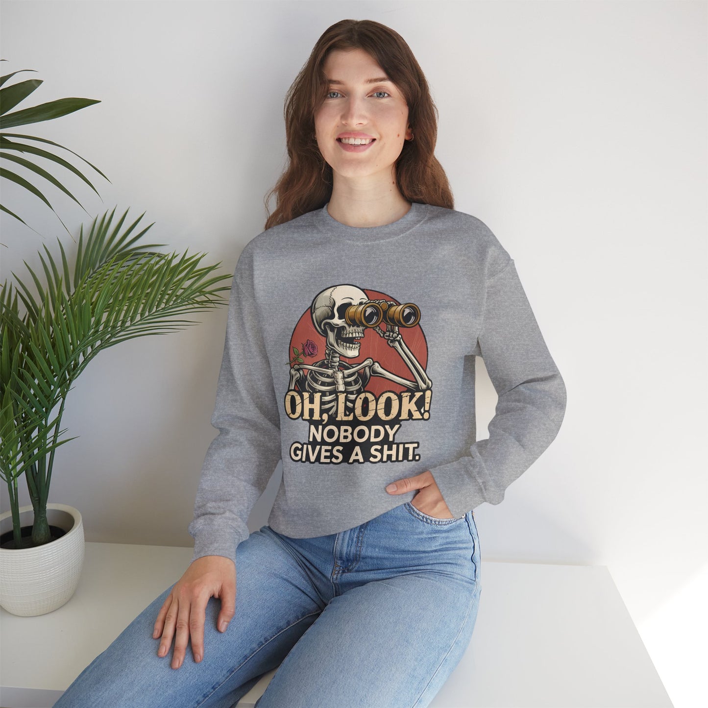 Crewneck Sweatshirt – 'Oh, Look! Nobody Gives a Shit.' Vintage Skeleton Graphic