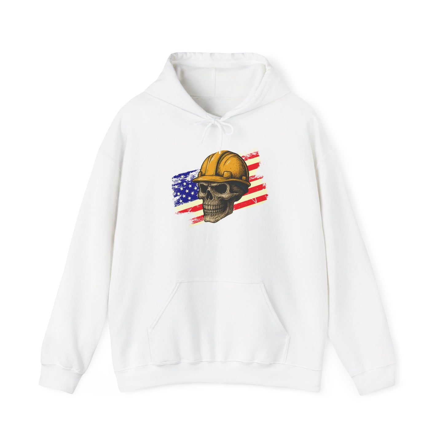 American Construction Skull Hoodie — Worker Hard Hat Flag Design