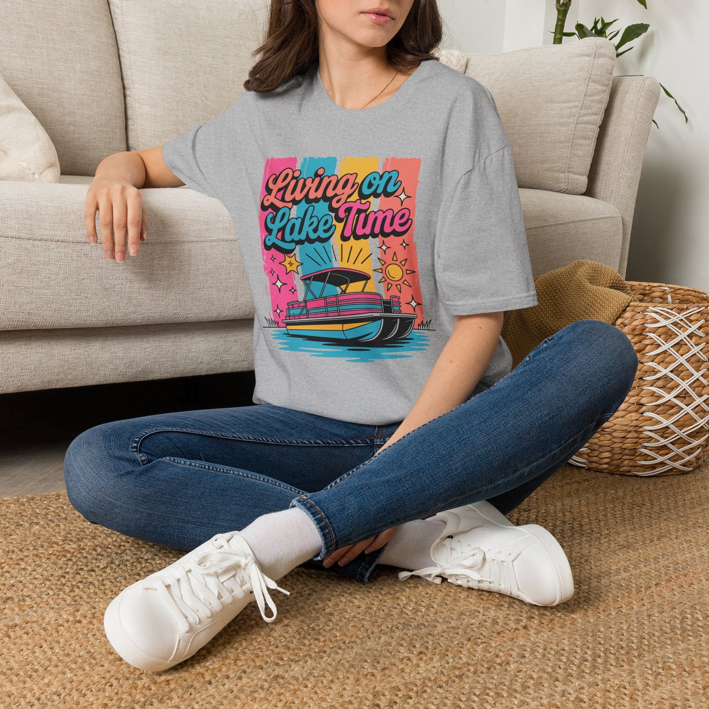 Lake Time T-Shirt — "Living on Lake Time" Retro Boat Graphic