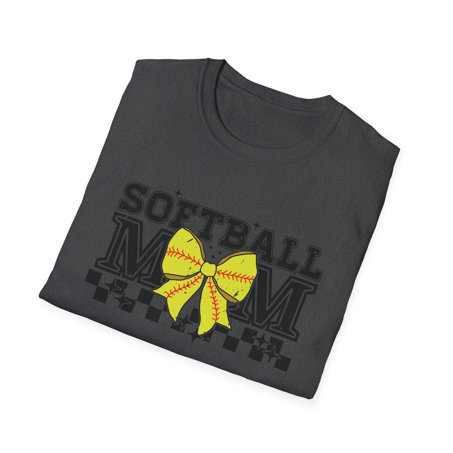 Softball Mom T-Shirt – Yellow Bow Checkerboard Design