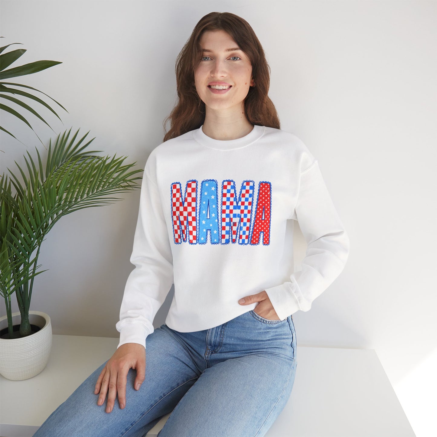 Mama Crewneck Sweatshirt — Red, White & Blue Patchwork Graphic
