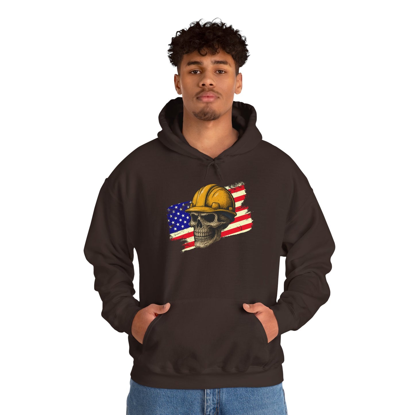 American Construction Skull Hoodie — Worker Hard Hat Flag Design