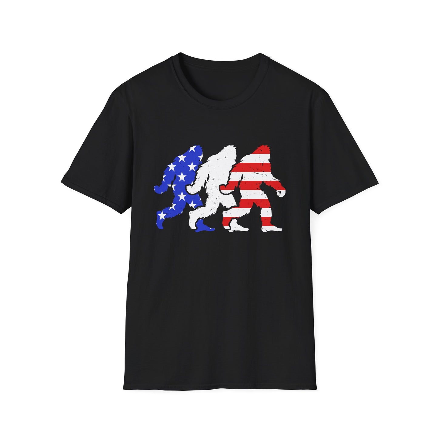 Patriotic Sasquatch Trio T-Shirt — American Flag Bigfoot Graphic Tee