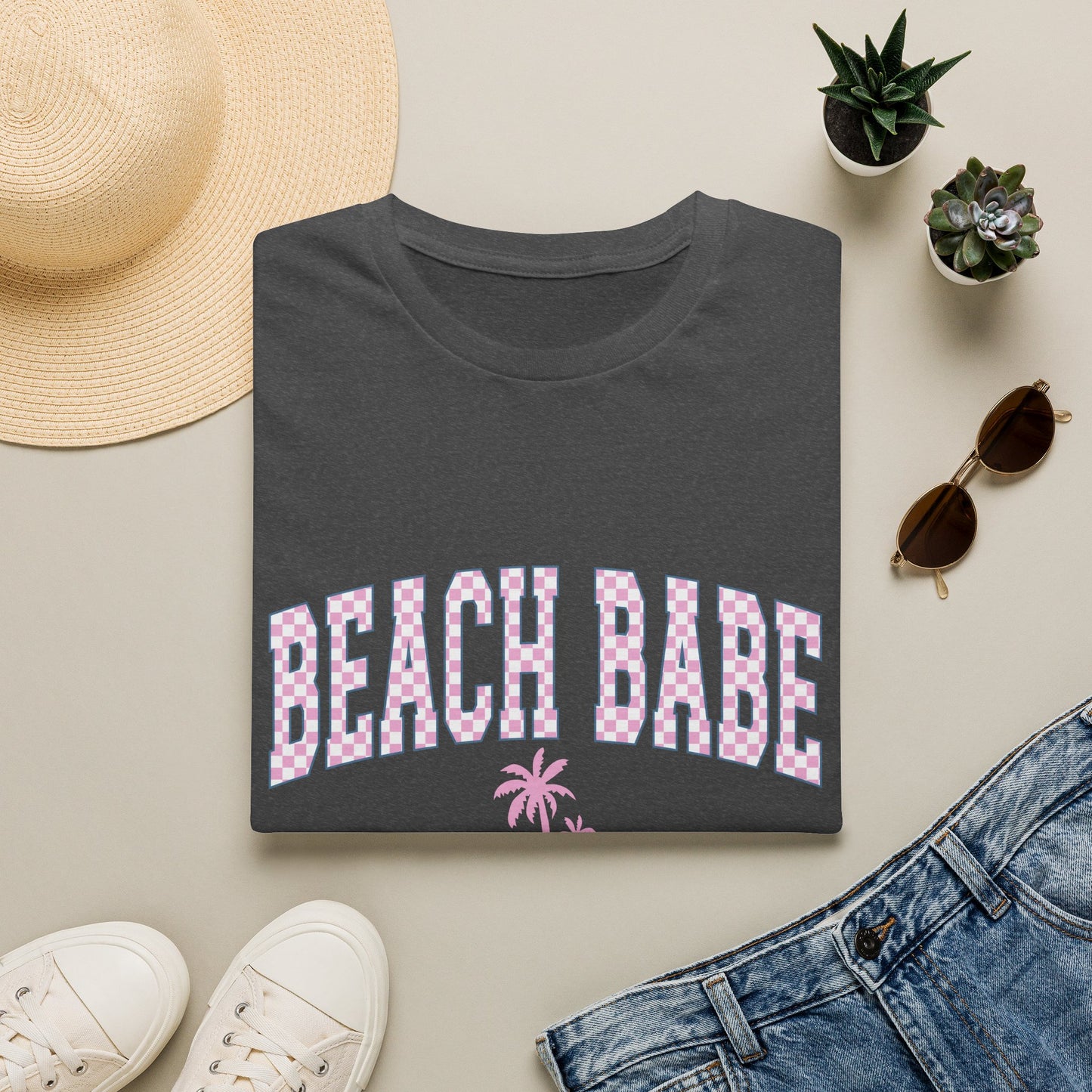 Beach Babe T-Shirt — Pink Check Retro Palm Tee for Summer & Vacation