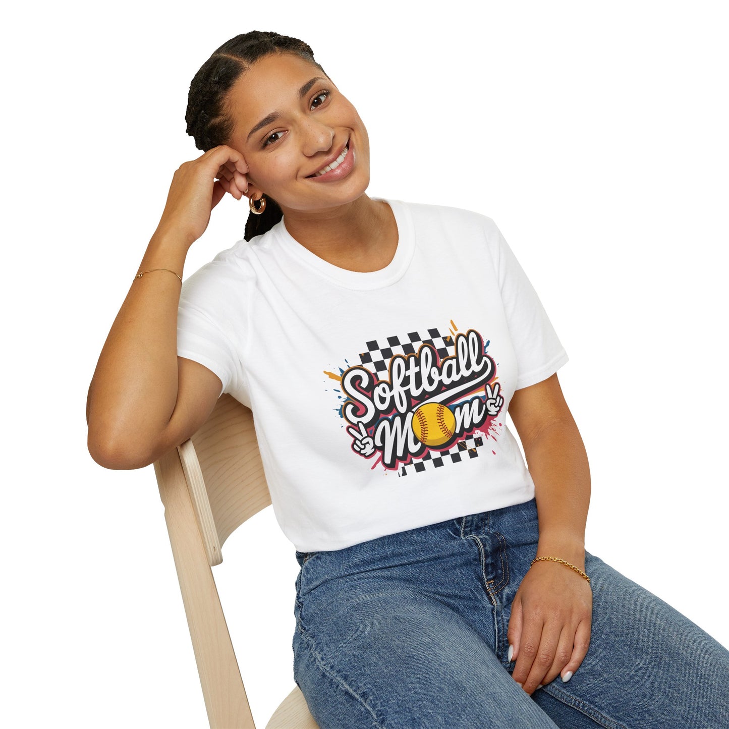 Softball Mom T-Shirt – Retro Checkered Softball Graphic Tee