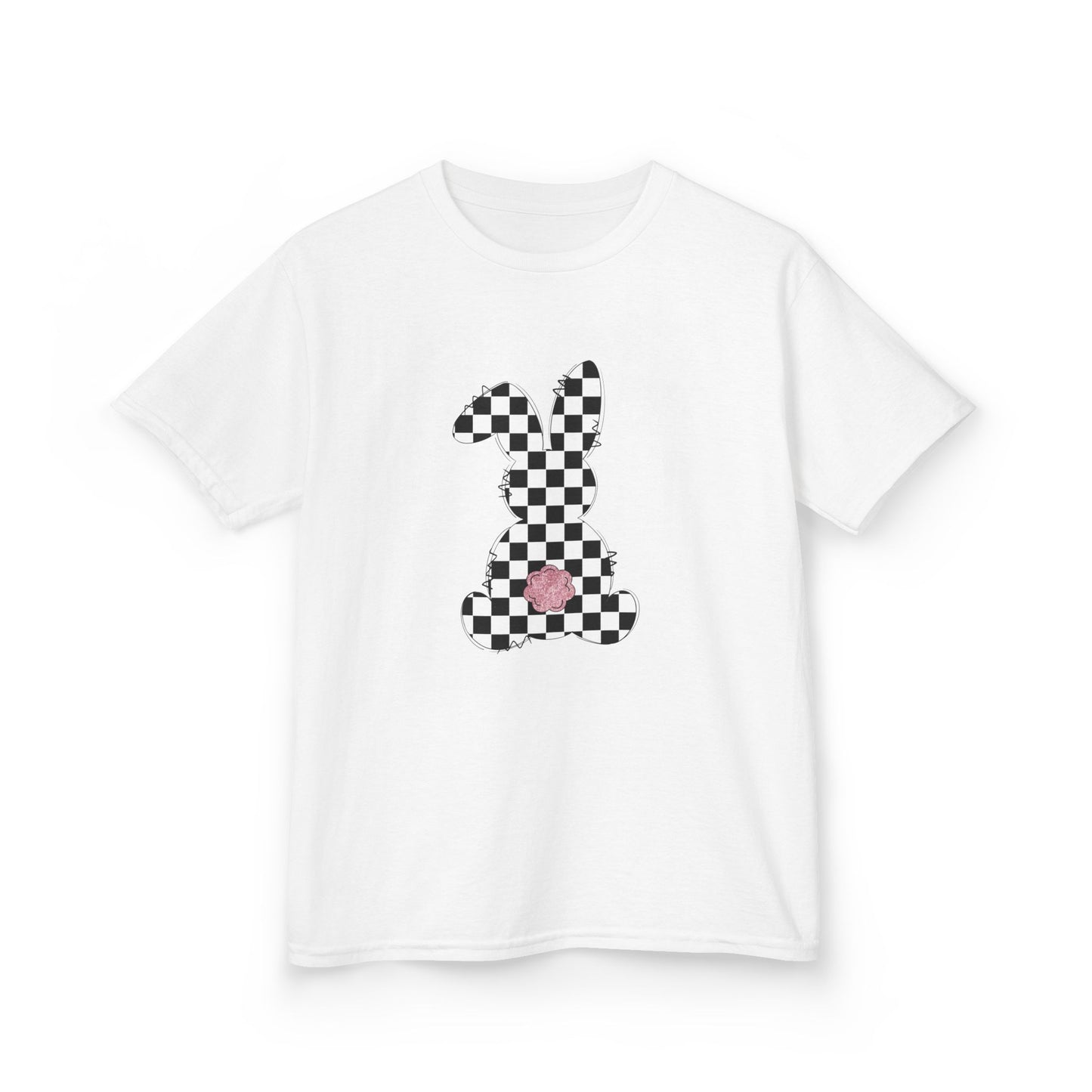 Kids Checkerboard Bunny T‑Shirt – Cute Pink Tail Easter Tee
