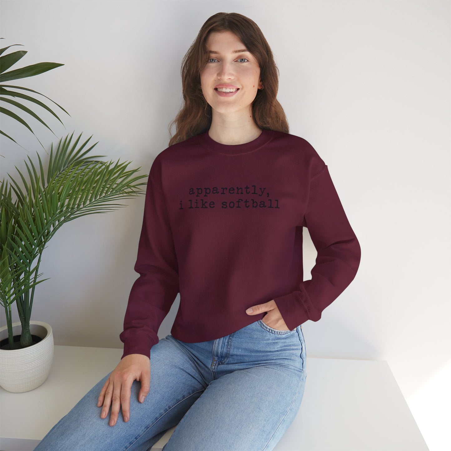 Softball Crewneck Sweatshirt — "apparently, i like softball" Minimalist Tee