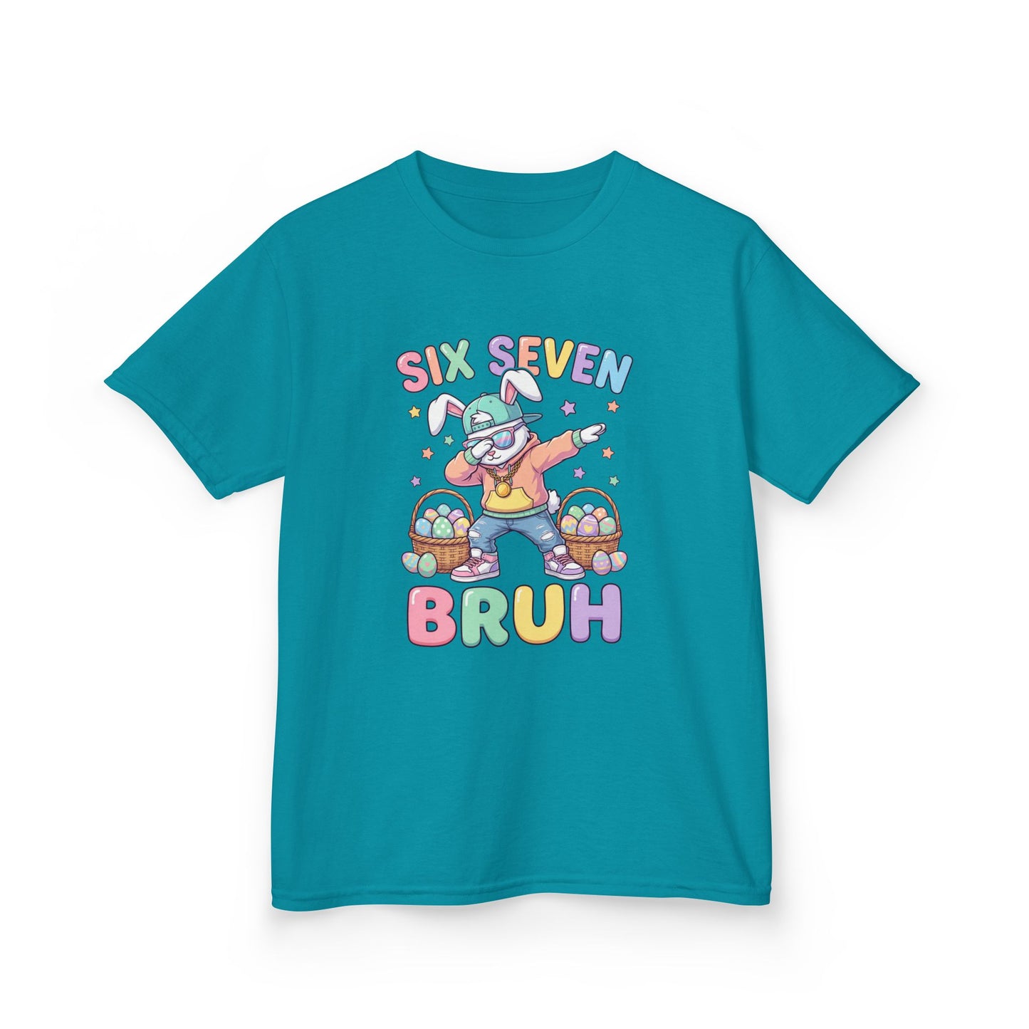 Kids "Six Seven Bruh" Graphic Tee — Cute Rainbow Skateboard Dino Shirt