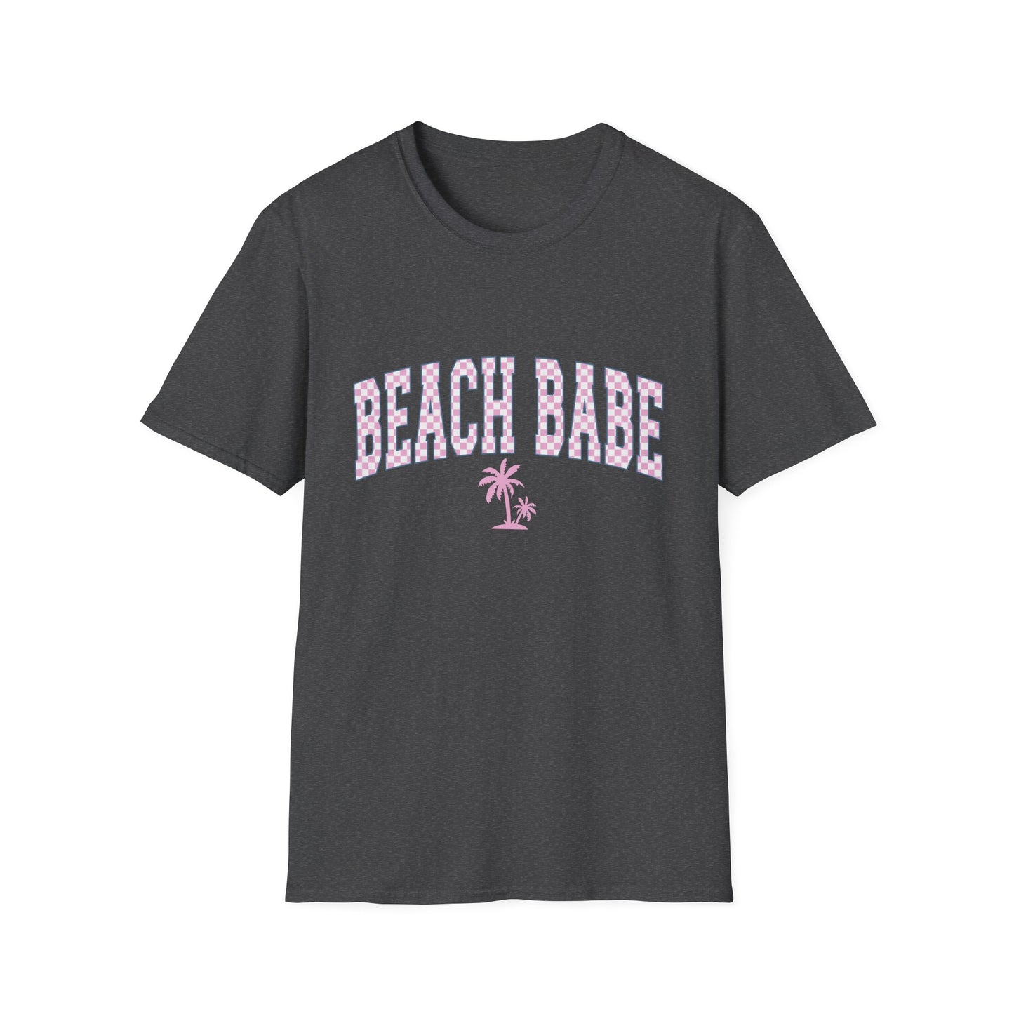 Beach Babe T-Shirt — Pink Check Retro Palm Tee for Summer & Vacation