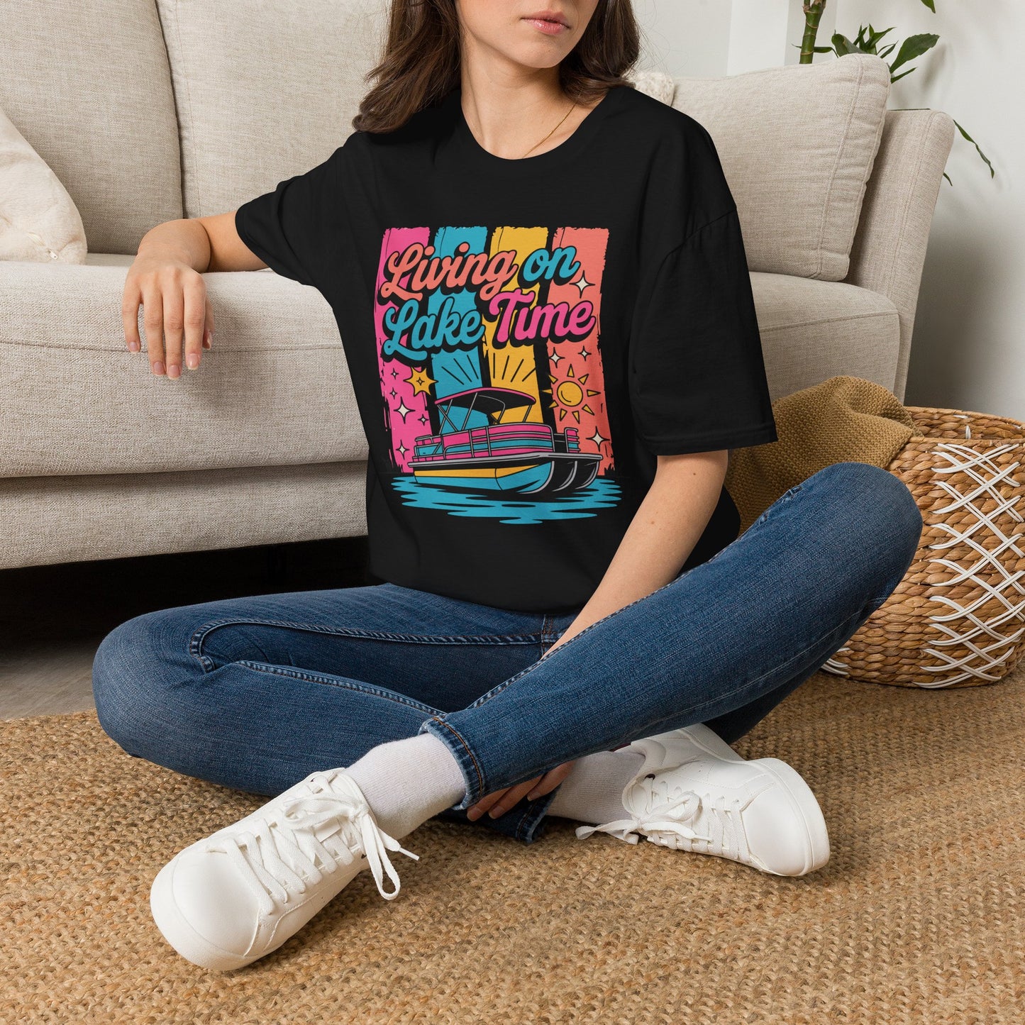 Lake Time T-Shirt — "Living on Lake Time" Retro Boat Graphic