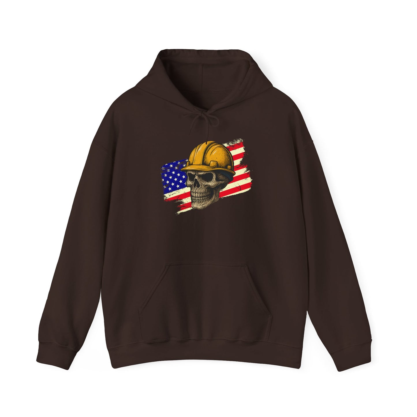 American Construction Skull Hoodie — Worker Hard Hat Flag Design
