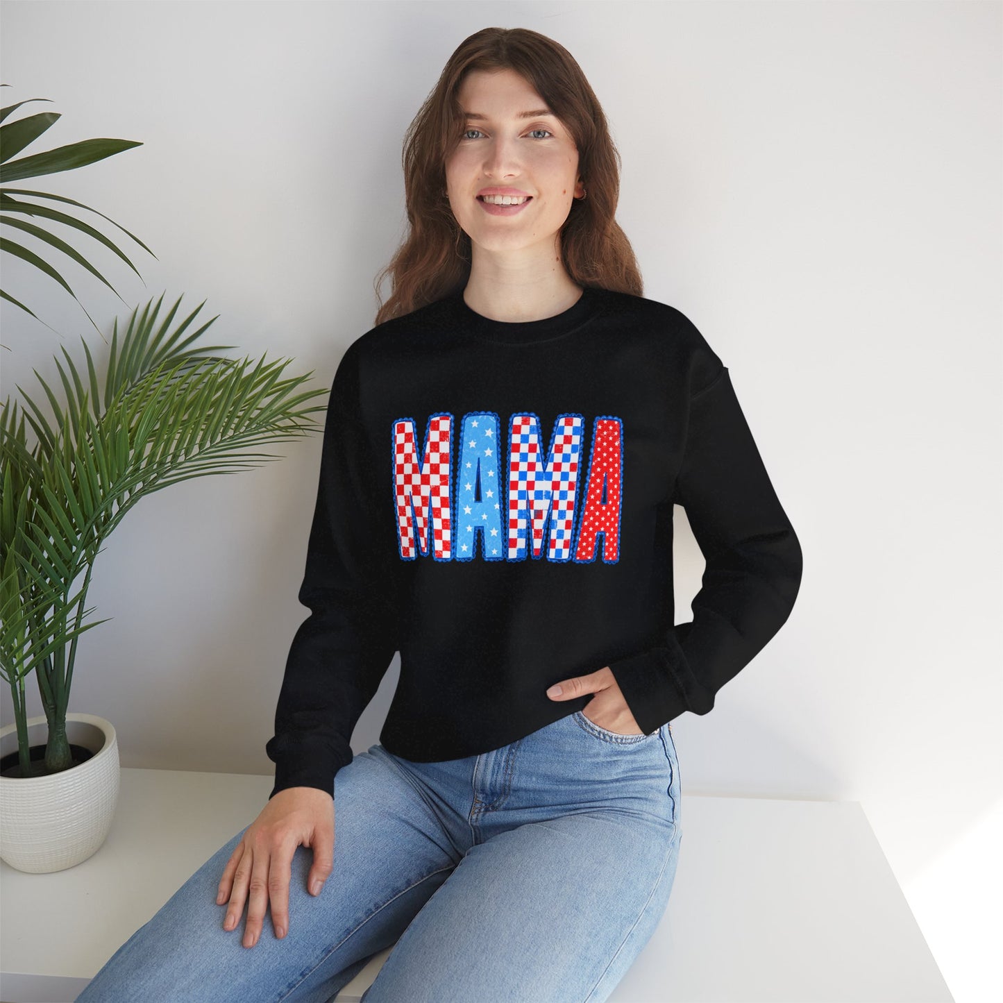 Mama Crewneck Sweatshirt — Red, White & Blue Patchwork Graphic